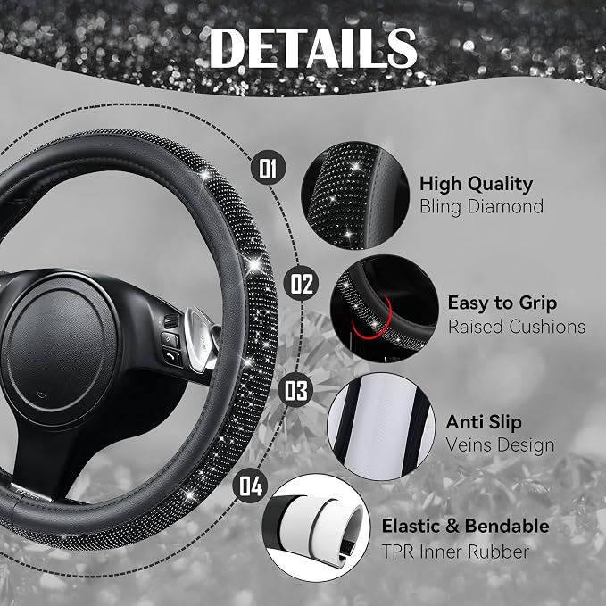Bling Diamond Leather Steering Wheel Cover 14.5in-15in Floor Mats Shining Rhinestone Carpet Sparkly Glitter Crystal Anti-Slip Pad Fit Automotive SUV Pickup Truck Girl Women, 5pcs Black