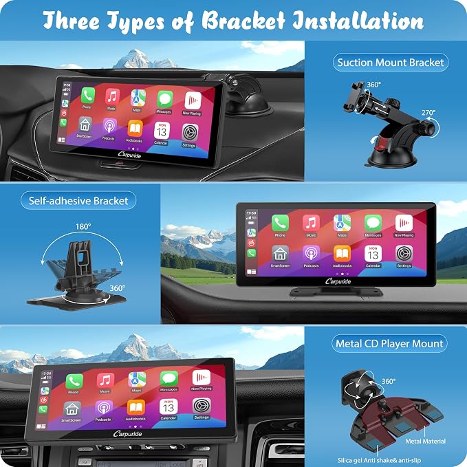 Carpuride W103 Pro with Wireless Bluetooth Transmission Portable Carplay & Android Auto Car Stereo, 10.3 inch 1080P Touch Screen, Mirror Link/GPS/Siri/FM, with 3 Bracket，Dual BT
