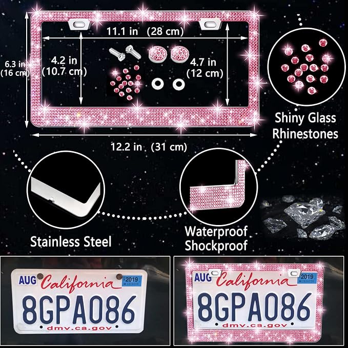 27-Piece Bling Car Accessories Set - Universal Fit Steering Wheel Covers, License Plate Frames, Phone Holder, Car Fast Charger, Coasters (Pink)