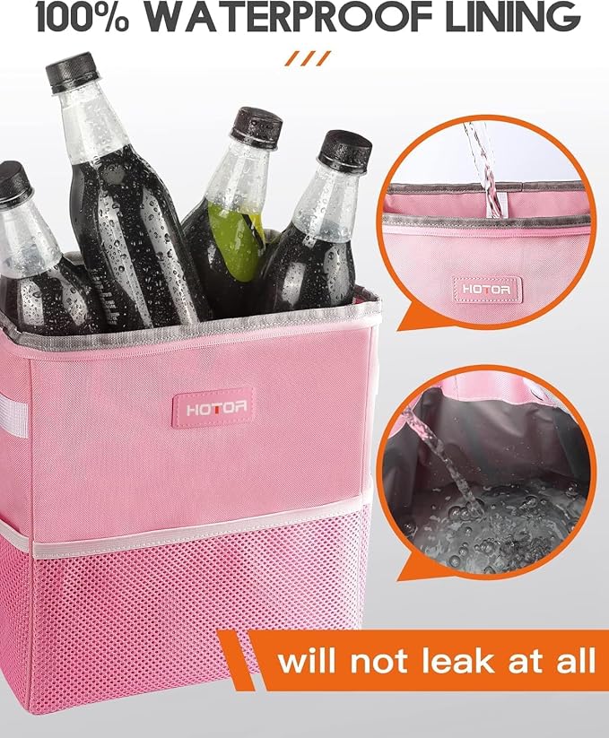 Car Trash Can with Lid and Storage Pockets - 100% Leak-Proof Organizer, Waterproof Garbage Can, Multipurpose Trash Bin for Car, 2 Gallons, Pink