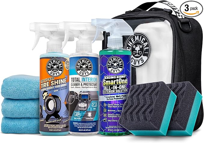 Quick Detailing Kit With Storage Bag, Raging Rhino SmartOne Exterior Spray, Interior Cleaner, Tire Shine, Microfiber Towels, And Applicators Giftable Car Care Set