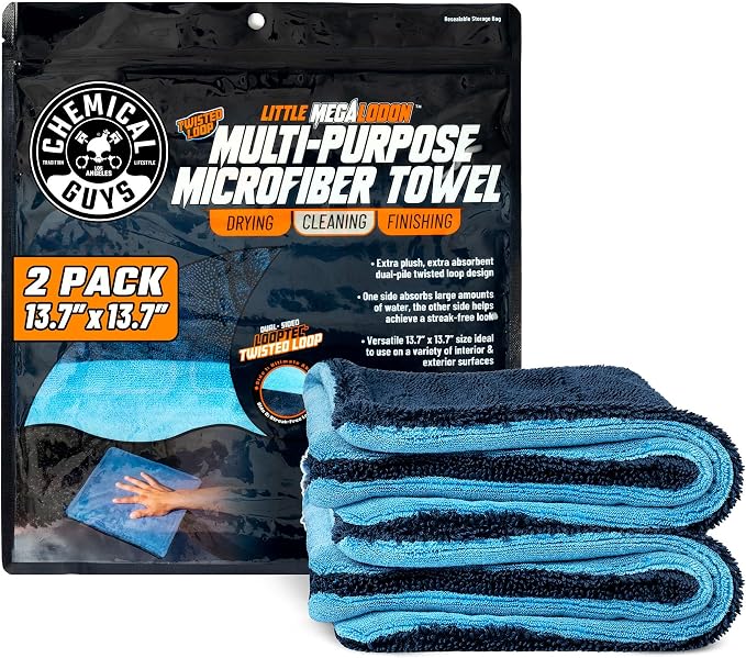 Little Megalodon Multi Purpose Microfiber Towel (2 Pack) 13.7 x 13.7 Inch – Ultra Plush Detailing Towels for Car Wash, Drying, Interior Cleaning, Glass, Dusting & Polishing