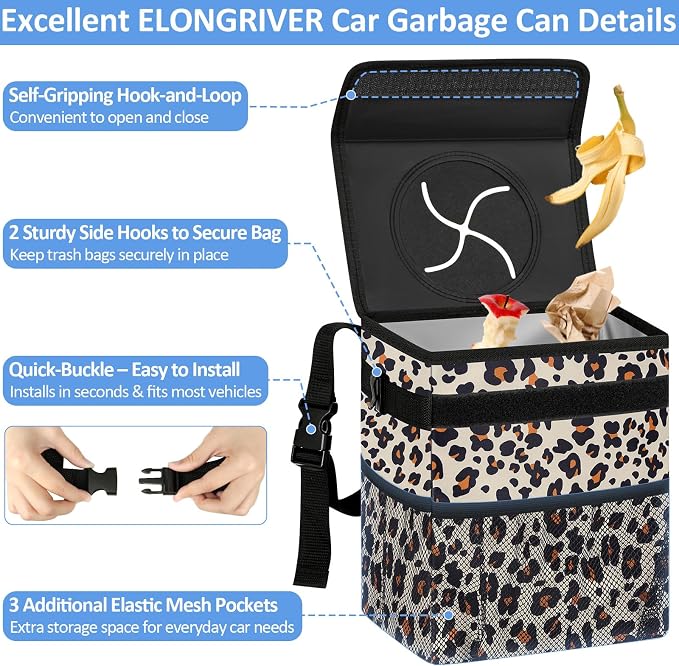 Car Trash Can Bin for Back Seat Leak Proof, Cute Car Trash Bag Hanging, Vehicle Trash Can for SUV Truck Van, Automotive Garbage Cans Front Seat Leopard Print, 2 Gallons