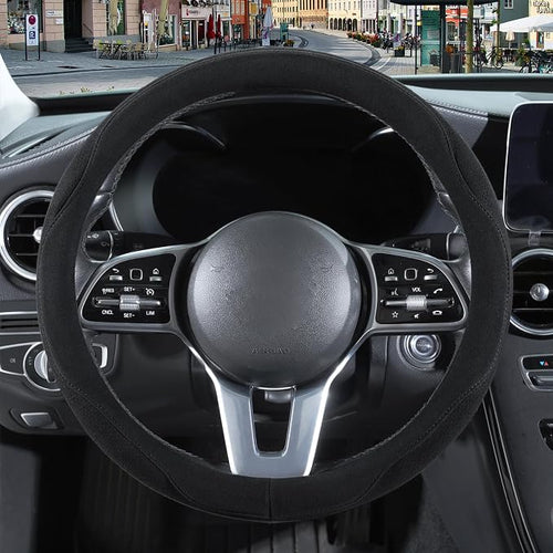 14 inch Black Suede Steering Wheel Cover, Breathable Non-Slip Sweat-Proof Wear-Resistant No Pilling, Warm in Winter and Cool in Summer