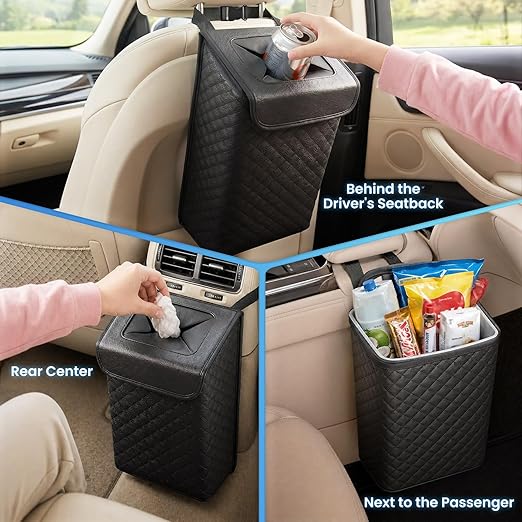 Car Trash Can with Lid, Leather Garbage Can, Leakproof and Removable Interior Liner, Multipurpose Hanging Garbage Bin with Quick Access Magnetic Opening, Trash Bin for Car (2 Gallon/7.5L)