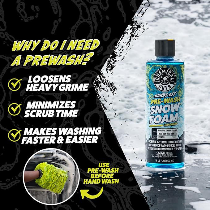 Hands Off Pre-Wash Foam Cannon Soap, High Suds, 128 oz | Touchless snow foam pre-soak that clings and helps loosen grime and buildup before contact washing; works with foam blasters