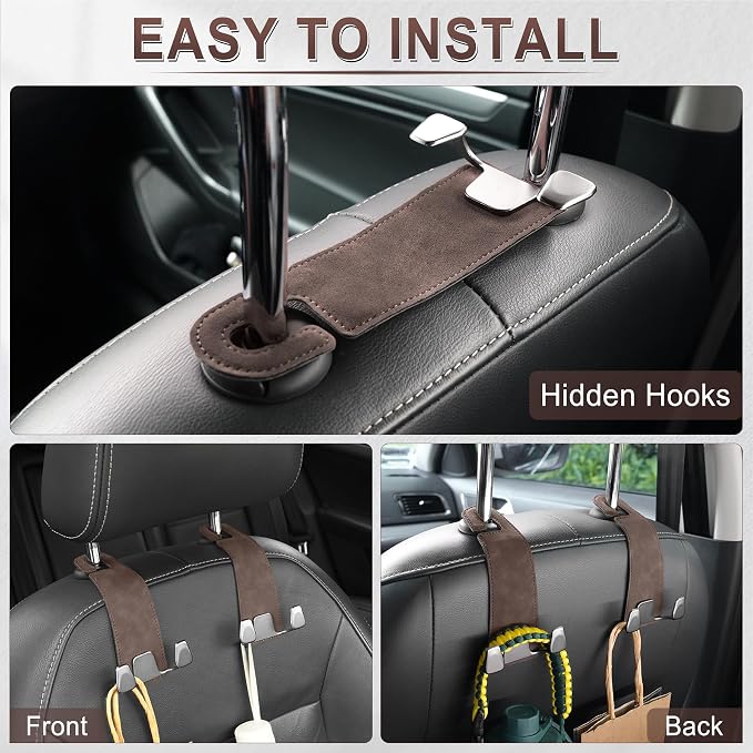 Car Seat Headrest Hook, Premium Suede Double Hook 2 Pack, Universal Hanging Accessories for Purse, Bag, Groceries - Car Interior Accessories (Brown)