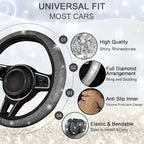 12 Pcs Bling Car Accessories Set for Women Car Floor Mats Full Set Steering Wheel Cover Seat Belt Covers Coasters Universal Fit Car SUV Truck Van Silver