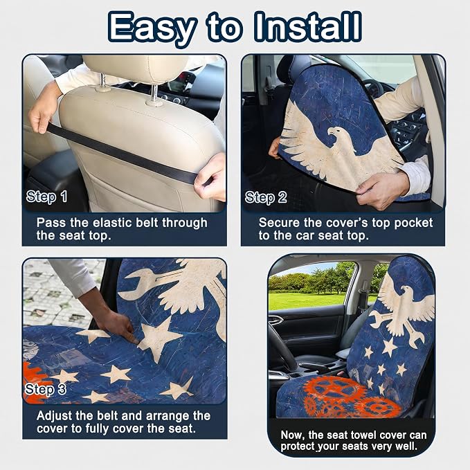 Car Seat Towel Cover 2 Pack for Front Seats, Sweat Absorbent Car Seat Protector with Non-Slip Backing, Waterproof Towel Car Seat Covers for Runners, Gym, Swimming, Beach, Pets, Mechanic Eagle