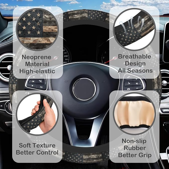 Camo American Flag Steering Wheel Cover for Women, Anti-Slip Car Steering Wheel Cover with 2 Pcs Cup Holders Neoprene Breathable Car Accessories Universal 15 Inch Auto Interior Decor