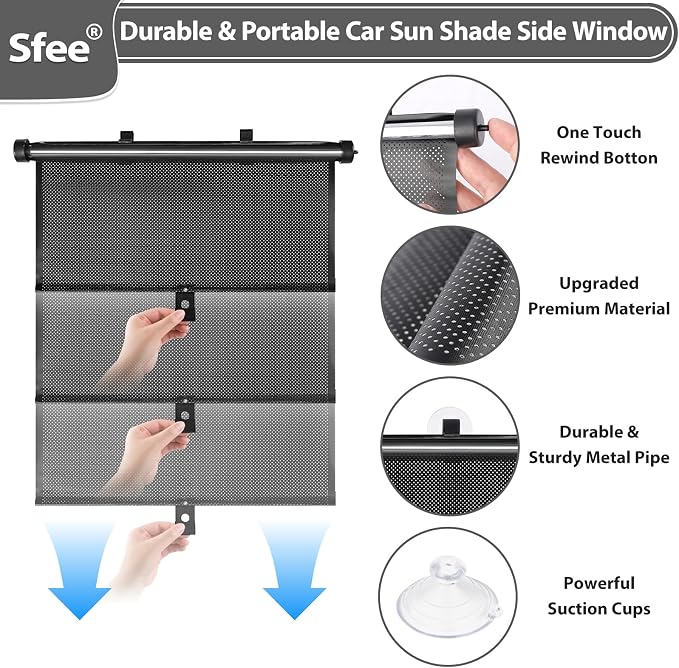Car Window Shades for Baby-2 Pack Retractable Side Window Car Sun Shade Blocks UV Rays & Heat for Sun Protection Roller Sunshade Visor Window Shade for Kids,Passengers,Pets (20' x22'')
