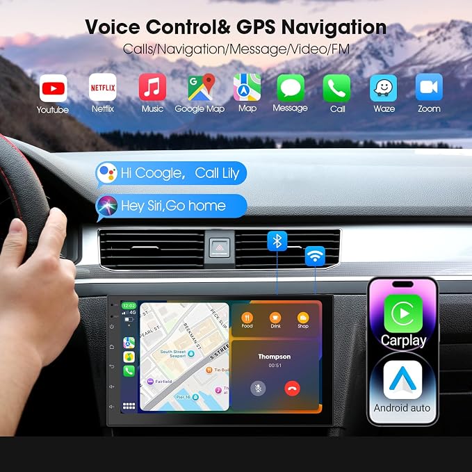 Wireless CarPlay Screen for Car & Android Auto Head Unit - Touchscreen 7 Inch Double Din Car Stereo with Backup Camera for All Cars (2+64GB)