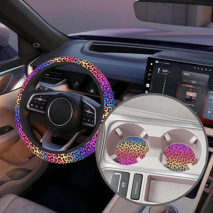 Rainbow Leopard Print Steering Wheel Cover for Women, Anti-Slip Car Steering Wheel Cover with 2 Pcs Cup Holders Neoprene Breathable Car Accessories Universal 15 Inch Auto Interior Decor