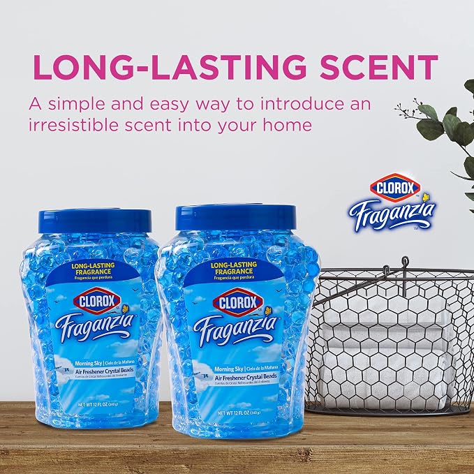Fraganzia Crystal Beads Air Freshener Twin Pack, Long Lasting Room Deodorizer and Odor Eliminator Gel Beads for Home, Car, or Office, Morning Sky Scent, 24 Fl Oz - 6 Pack