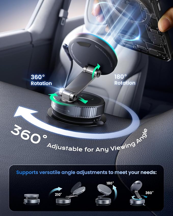 MagSafe Car Charger Mount, 15W Fast Wireless Charging Phone Holder, 108LB Vacuum Suction Cup & 3800gf Strong Magnet, 360° Adjustable Dashboard Windshield Mount for iPhone 17 Pro Max/17 Air/16-12