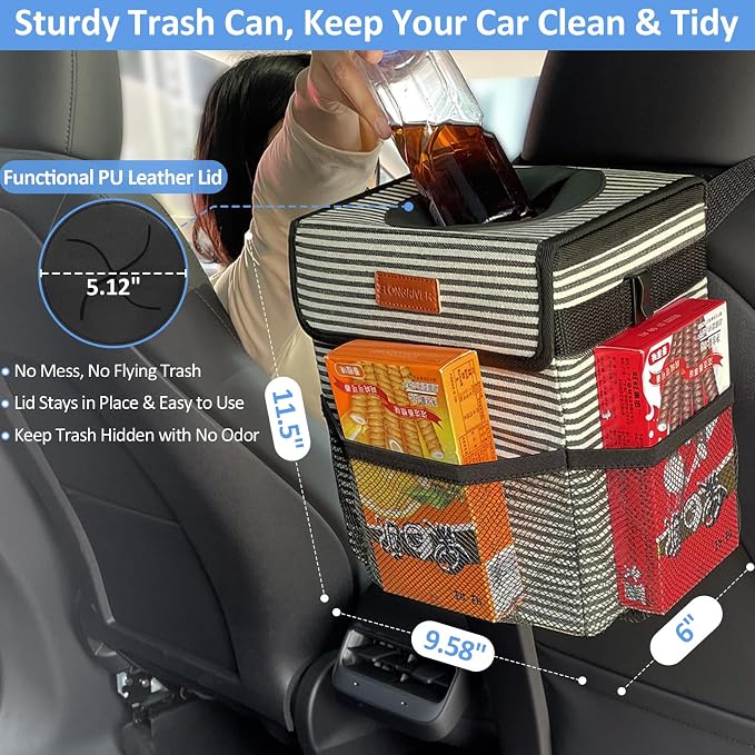 Car Trash Can Bin for Back Seat Leak Proof, Cute Car Trash Bag Hanging, Vehicle Trash Can for SUV Truck Van, Automotive Garbage Cans Front Seat Stripe