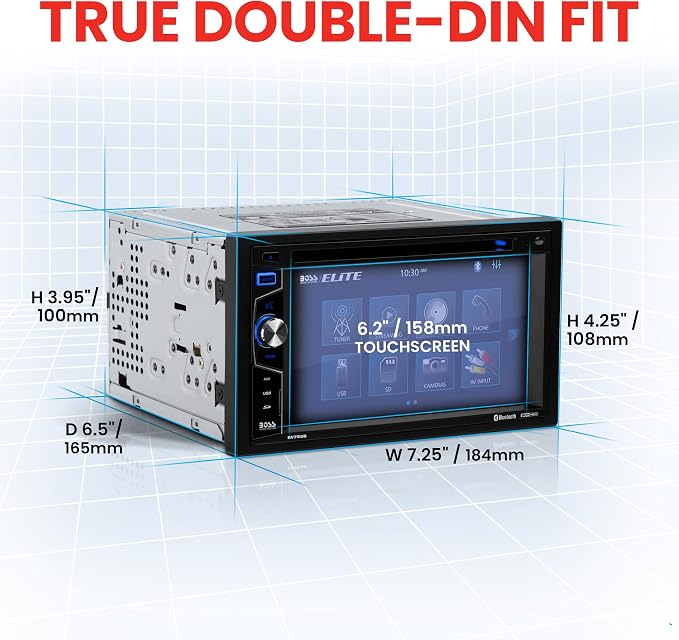 Elite BV755B Car Stereo System - 6.2 Inch Double Din Touchscreen, Bluetooth Head Unit, AM/FM Radio Receiver, CD Player, USB, SD, Aux In, Hook Up To Amplifier