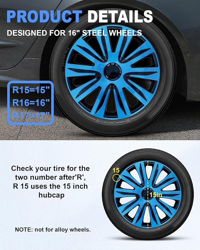 Hubcaps,15 inch hubcaps Set of 4, Wheel Rim Cover ABS Material, Snap On Car Truck SUV Replacement, for Toyota Camry Nissan Mazda etc, Black&Blue