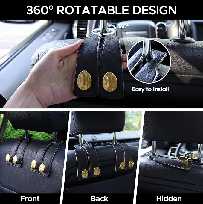 Leather Car Purse Hook for Headrest, 2 Pack, Black-Gold | Twin Hooks Headrest Hangers, 2/4 Pack, No-Slip, Scratch-Proof, Holds Purses, Backpacks, Grocery Bags, Car Organizer Gift