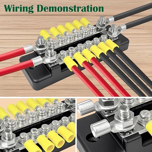 150A Double-Row Busbar Power Distribution Block 12V Bus Bar with Ring Terminals, 304 Stainless Steel Marine Terminal Block and Ground Buss Bar Kit, 4 x M6 Stud, 12 x M4 Screw