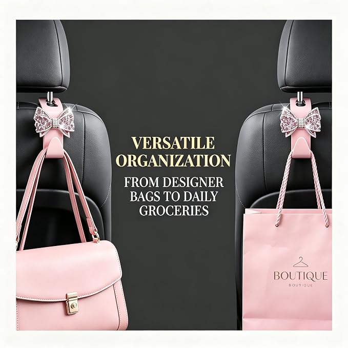 2PCS Bling Bow Car Seat Headrest Hooks, S Type Crystal Rhinestone Bowknot Auto Seat Back Storage Hooks, Diamond Cute Bow Vehicle Storage Organizer, Universal for Purses Bags Groceries(Pink)