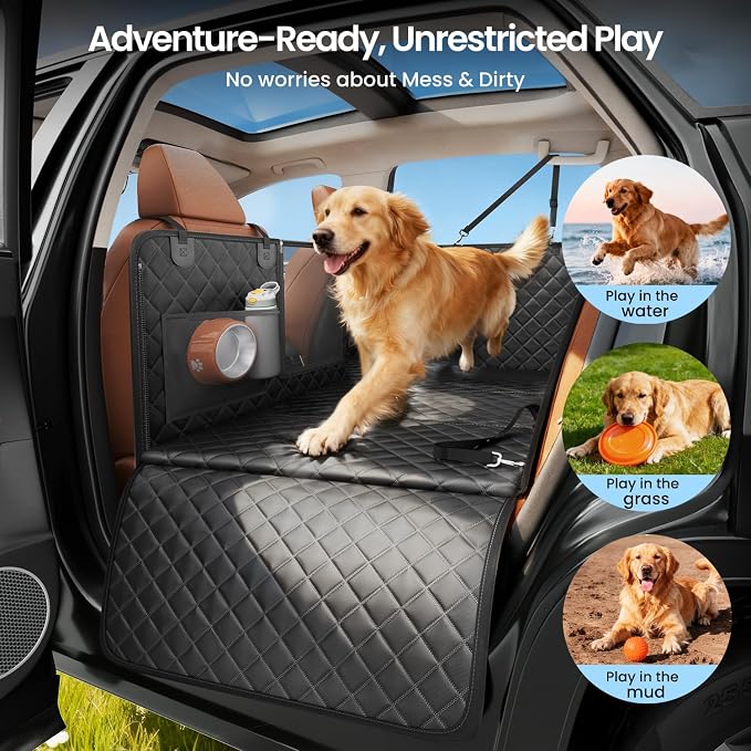 2.0 Hard Bottom Back Seat Extender for Heavy-Duty Dogs, Dog Car Seat Cover with Cushion Sponge, Waterproof Dog Hammock with Mesh Window for Car, Universal Fits for SUV/Small Truck, L, Black