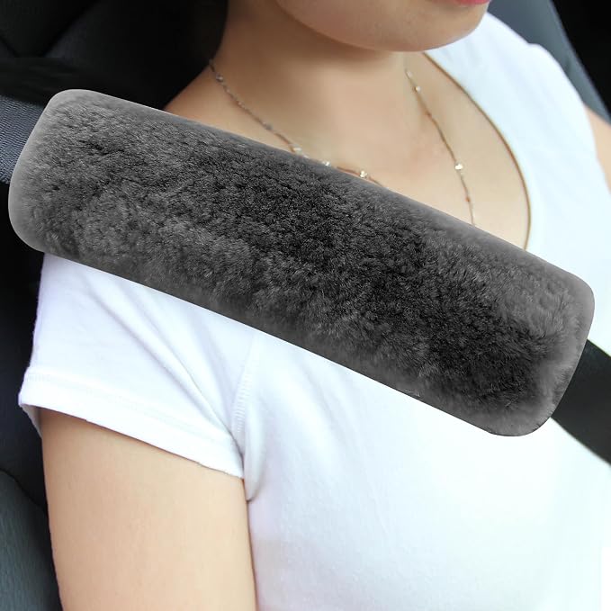 Authentic Sheepskin Seatbelt Cover Real Wool Car Truck SUV Airplane Seat Belt Shoulder Pad for Carmera Backpack Straps Neck Cushion Protector 2 Pack Dark Grey
