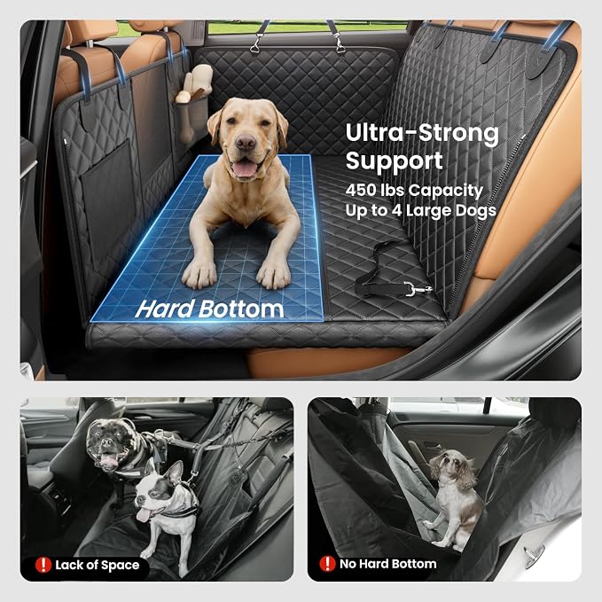 Dog Car Seat Cover for Back Seat, Hard Bottom Dog Hammock, Pet Bed Extender for 2-4 Large/Medium Dogs, Waterproof Seat Protector, Universal L Size Fits for SUV Medium Truck, Black