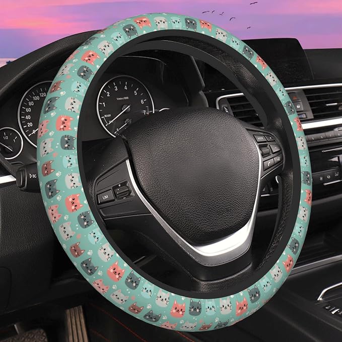 Cute Cat Face Steering Wheel Cover for Women Men Neoprene Breathable Wheel Cover Protector Anti-Slip Car Accessories Universal 15 Inch Fit for Cars Trucks Vehicles