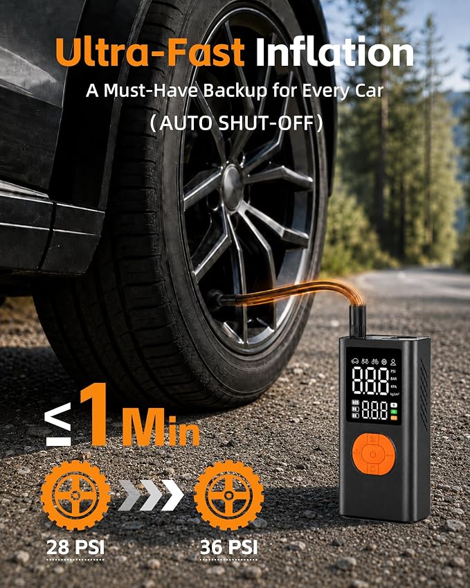 Tire Inflator Portable Air Compressor for Car Tires, 150 PSI Cordless Portable Air Compressor with Digital Pressure Gauge, Auto Shut-Off, LED Emergency Light for Roadside Emergencies