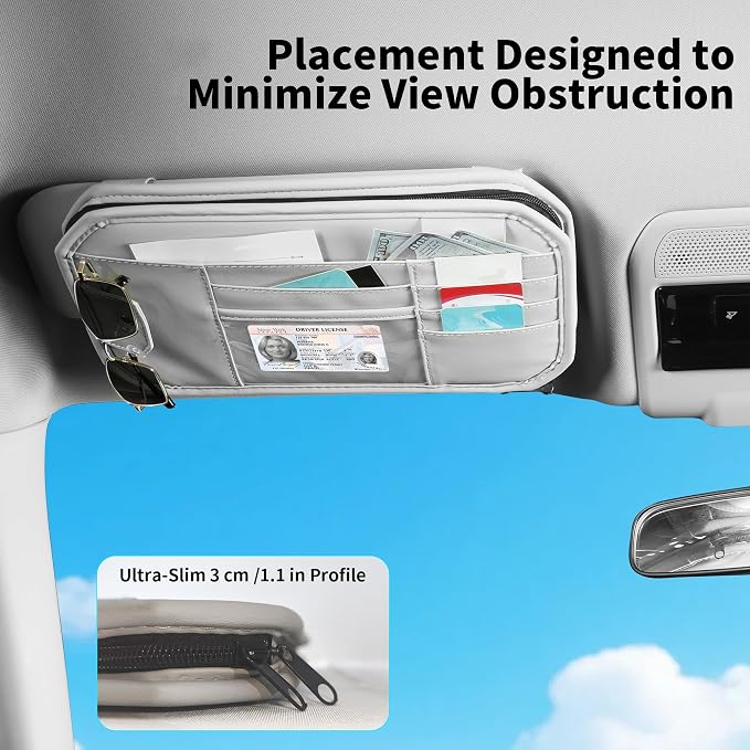 Car Sun Visor Organizer with Zipper Pockets PU Leather Storage Bag with Elastic Straps and Glasses Clip Sunvisor Organizers for Car SUV Truck