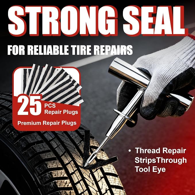 36-Piece Tire Repair Kit – Heavy Duty Flat Tire Plug Kit with T-Handle Tools, 25 Rubber Plugs, 4-Way Valve Tool, Pliers, Folding Knife – Portable Tool Bag – Universal for Car
