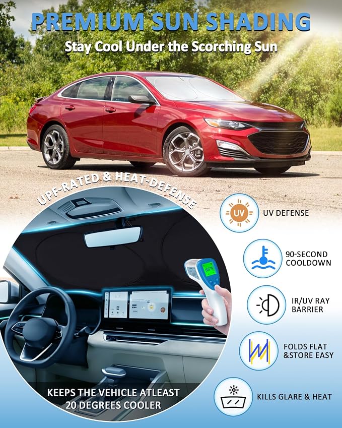 Sun Shade for Malibu Windshield Sunshade Custom fit for Chevrolet Chevy Malibu Accessories 2016-2024 2025 Foldable Front Window Cover Retractable Sun Visor Protector Keep Interior Cool