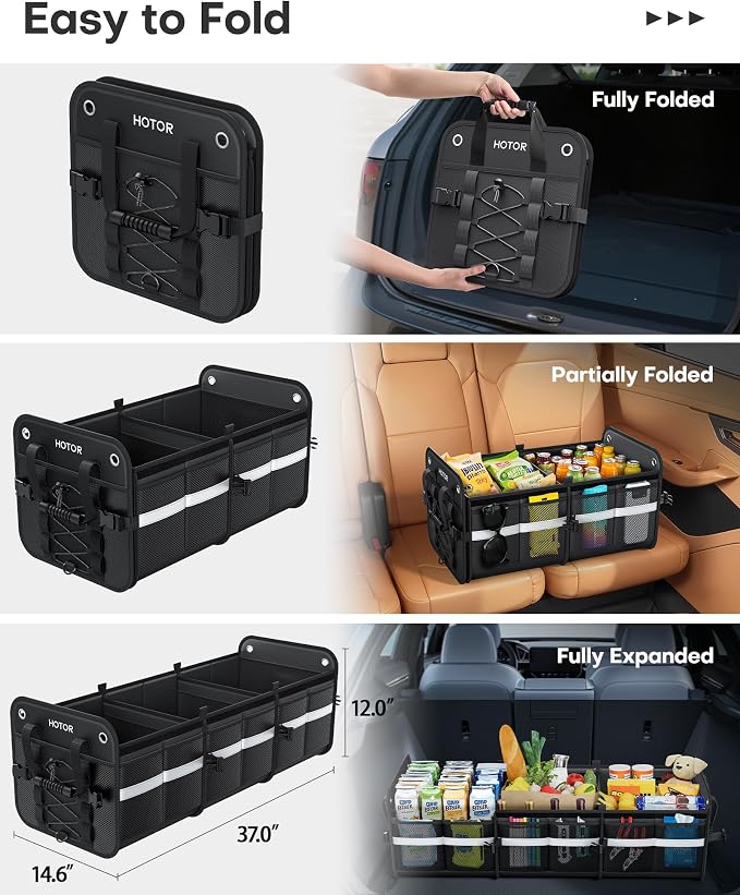 Trunk Organizer - 3-Compartment Car Organizer and Storage with Cooler Bag, Foldable Car Storage Organizer for SUV with Handles & Strap for Shopping, Picnic, 37.0" x 14.6" x 12.0", Black
