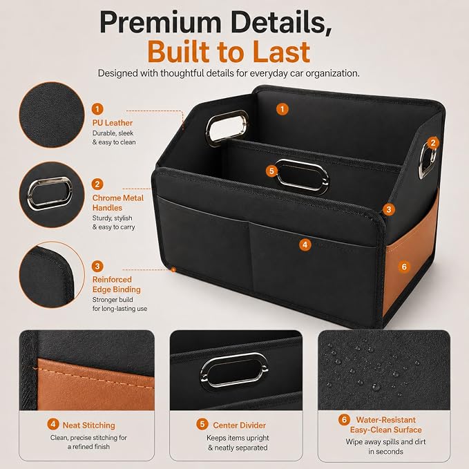 Car Organizer - 2025 Upgraded Leather Car Storage Organizer for Front Back Seat or Floor with 3 Metal Handles 6 Apartments, Multipurpose Car Organizers and Storage Black.