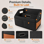 Car Organizer - 2025 Upgraded Leather Car Storage Organizer for Front Back Seat or Floor with 3 Metal Handles 6 Apartments, Multipurpose Car Organizers and Storage Black.