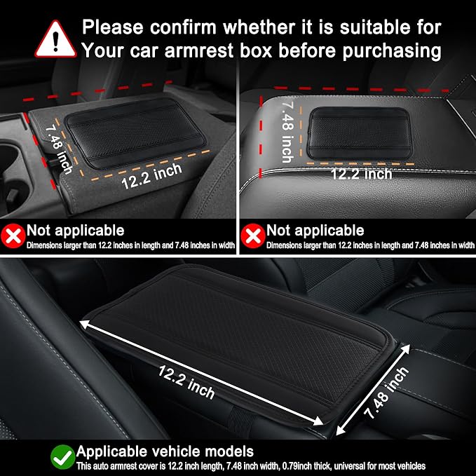 Car Center Console Cover, Upgraded Leather Car Armrest Cushion, Universal Waterproof Cushion Pad, Non-Slip Car Interior Accessories, Fits Most Sedans SUVs Trucks (Black Line)
