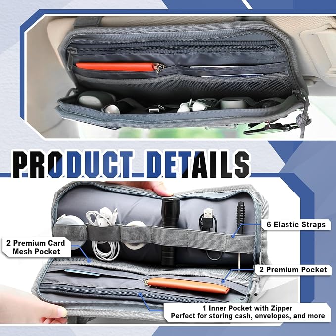 SAMPUSS Car Sun Visor Organizer Car Sunglass Holder with Storage Pouch | Semi-rigid molle panel car truck accessories with zipper for men&women fit most cars trucks vans suvs jeeps patrols