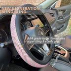 D Shaped Bling Comfy Steering Wheel Cover with Jumbo Crystal Rhinestones, Anti-Slip Diamond Leather, Flat Bottom 14.5-15 Inch (Pink)
