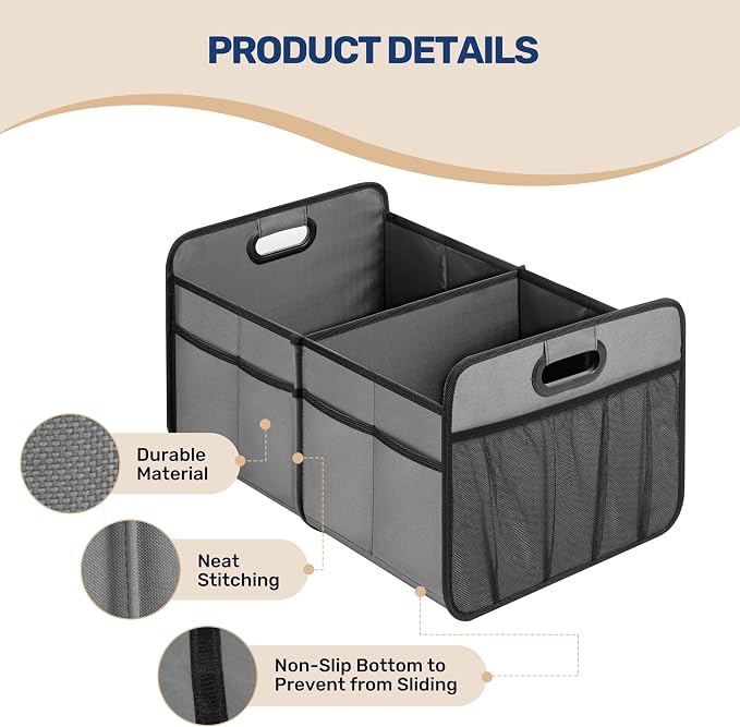 Trunk Organizer for Car/SUV/Truck, Collapsible 2 Compartment Automotive Storage Box, 600D Waterproof Oxford Polyester 50L Travel Accessories, Anti-slip & Leak-proof, Grey