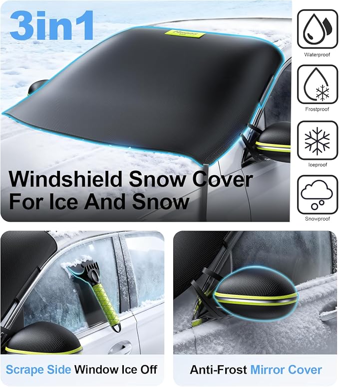 3-in-1 Windshield Snow Cover for Jeep Wrangler & Gladiator — XS Size Low-Windshield Frost Guard with Ice Scraper, Heavy-Duty 600D Oxford Waterproof & 360° Windproof Protection for Off-Road SUVs