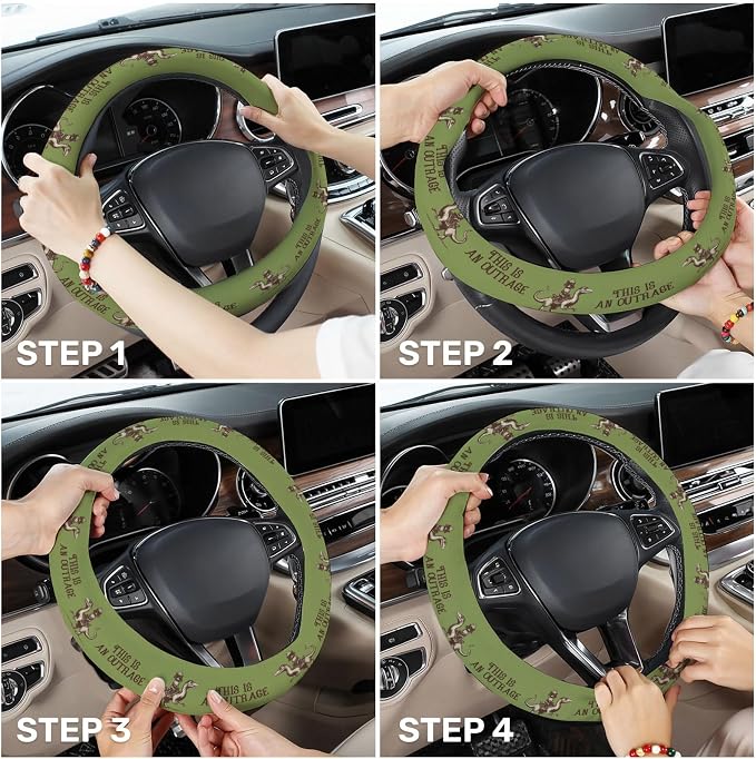 Olive Green Cat Quote Steering Wheel Cover, Polyester Car Wheel Grip, Universal 15 Inch for Cars SUVs Trucks