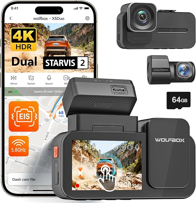 X5 Duo 4K+2.5K Dash Cam Anti-Shake, 8MP STARVIS 2 IMX678 IMX675, Dual Car Camera Front and Rear, 5.8GHz Wi-Fi GPS, Included 64GB Card, Voice Control, Touch Screen, Parking Mode