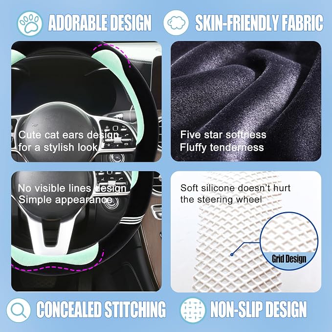 Furry Cute Soft Steering Wheel Cover 15 inch Black with Green | Fluffy Short Plush Car Accessories, Non-Slip Cold-Proof Sweat-Proof Colorfast, Universal 14.5 inch to 15 inch