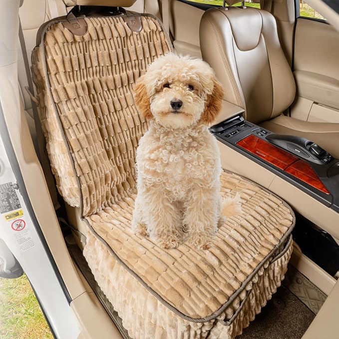 Dog Car Seat Cover for Front Seat, Soft Plush Waterproof Pet Protector with Non-Slip Bottom, Full Coverage with Side Flaps, Against Hair, Dirt and Scratches for SUVs and Trucks (Tan, Front)