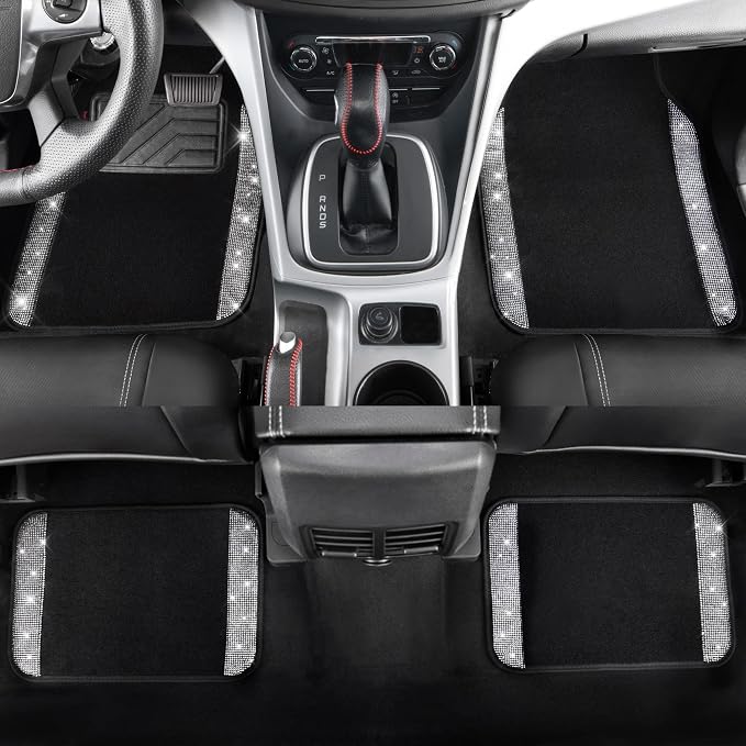 Bling Diamond Car Floor Mats, Shining Rhinestone Carpet Sparkly Glitter Crystal with Anti-Slip PVC Heel Pad Waterproof Universal Fit Automotive SUV,Sedan,Van,Cute Girl Women,4pcs Black Sliver