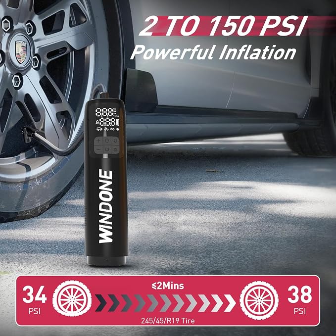 Portable Tire Inflator & Mini Vacuum, 150 PSI Cordless Air Compressor with Deflate Function, LED Display, Auto Shut-Off, Rechargeable Air Pump for Car, Bike, Motorcycle, Balls & Inflatables
