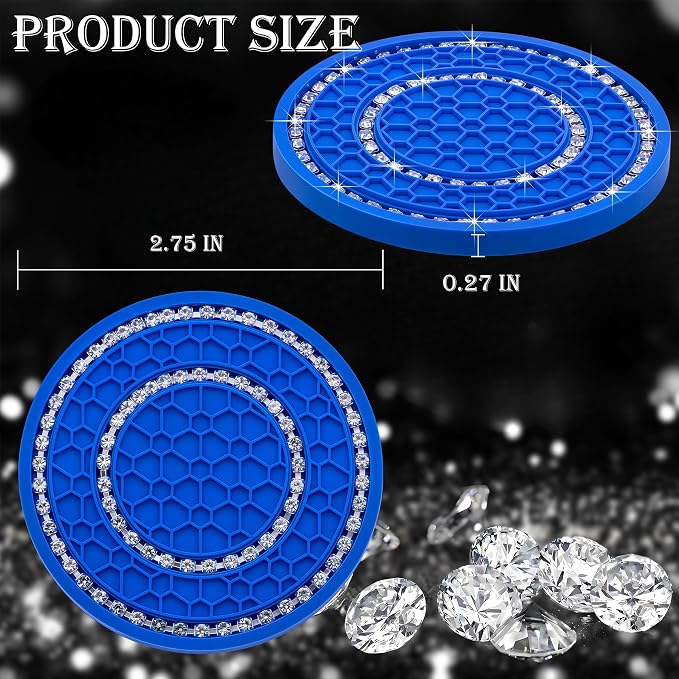 4PCS Bling Crystal Rhinestone Cup Holder Coaster, 2.75 inch Soft Silicone Anti-Slip Shockproof, Car Cup Holder Insert Coasters, Universal Car Interior Accessories for Women (Deep Blue & White)