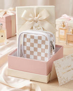 Preppy Clear Makeup Bag Travel Cosmetic Case Transparent Khaki and Beige Checkered Toiletry Bag with Zipper,Portable Mini Make Up Organizer Traveling Compact Car Bag for Essentials