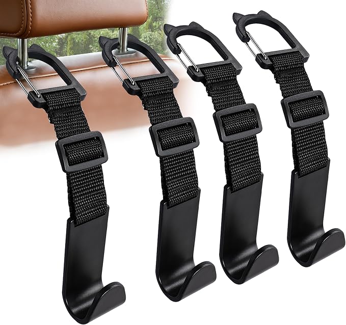 Universal Car Headrest Hooks 4 Pack, Adjustable Seat Back Organizer Hanger with Secure Clip, Black Multipurpose Holder for Purse, Bags, Coats and Grocery